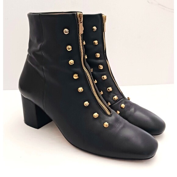An Hour and A Shower Shoes - An Hour and A Shower Blk Leather Bootie Gold Studs Zipper Block Heel 40 US 9